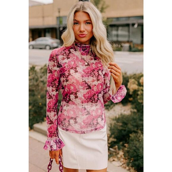 NWT FLORA Pink Floral Print Sheer Mesh Longsleeve - Picture 4 of 12
